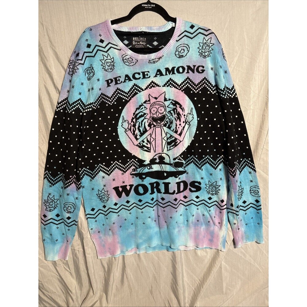 BoxLunch Rick and Morty Peace Among Worlds Tie Dye Fair Isle Sweater Large Adult
